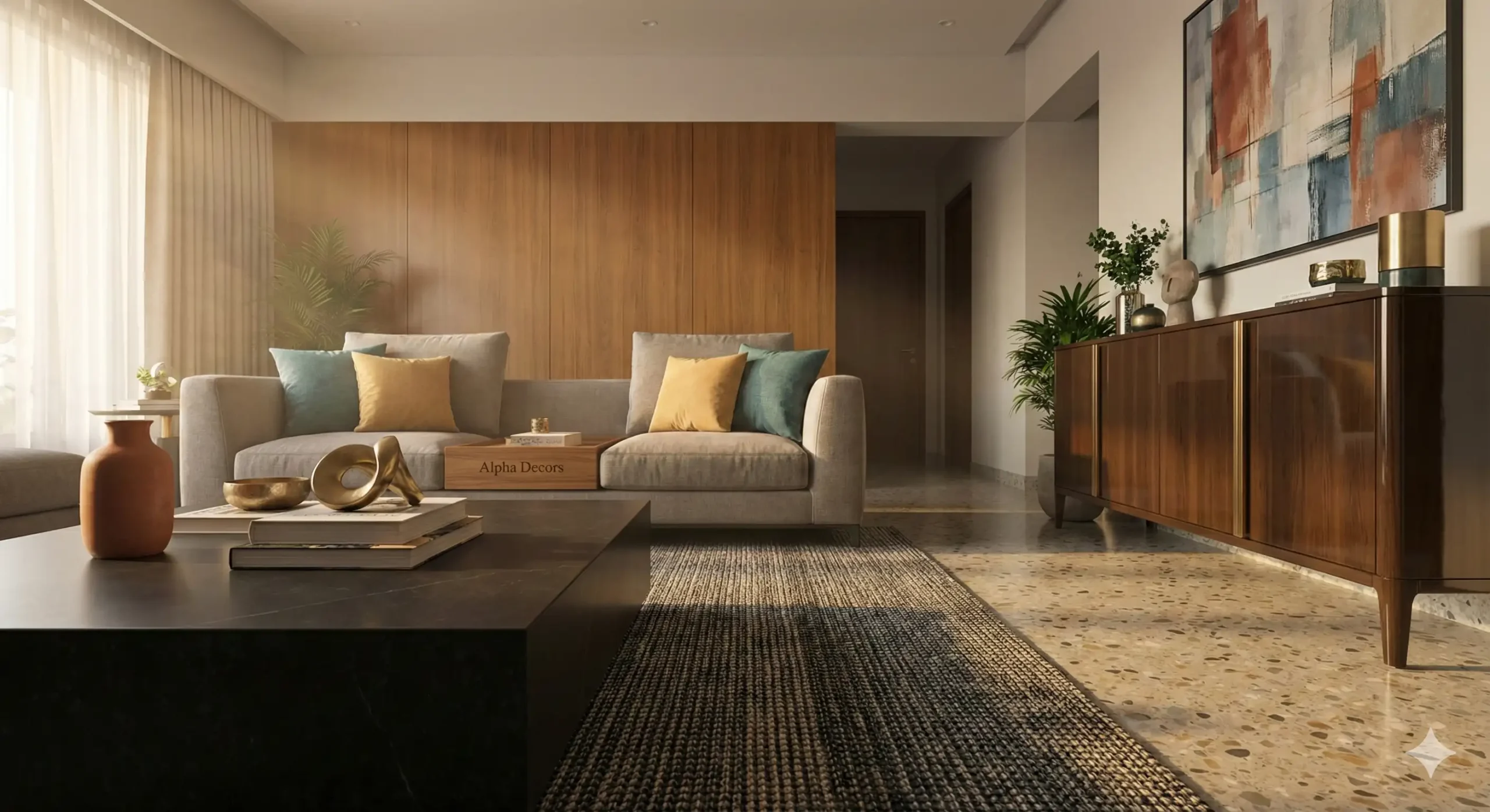 Modern residential living room interior with warm lighting, luxury furniture, and an open dining layout.