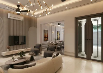 Modern luxury living room interior with warm lighting, sleek TV wall paneling, contemporary chandelier, and an open dining area.