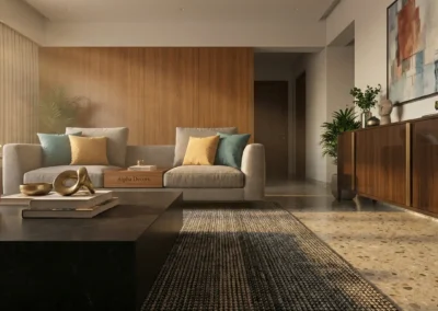 Modern residential living room interior with warm lighting, luxury furniture, and an open dining layout.